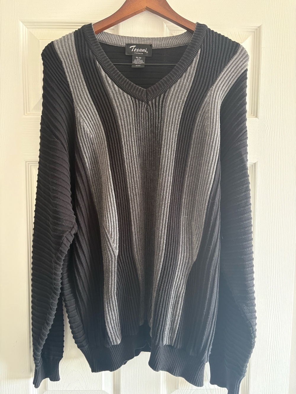 Vintage Tosani Cotton Textured Ribbon Knit V-Neck Sweater Black Gray Medium M